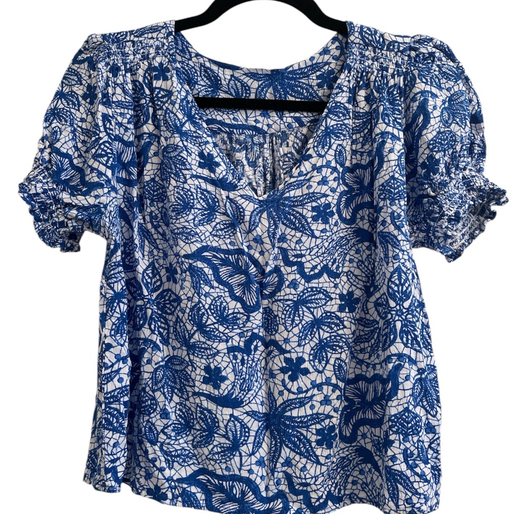 Nicole Miller Blue and White Floral Blouse